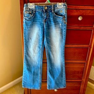 Justice simply low girls distressed denim blue jeans, size 8, medium wash,